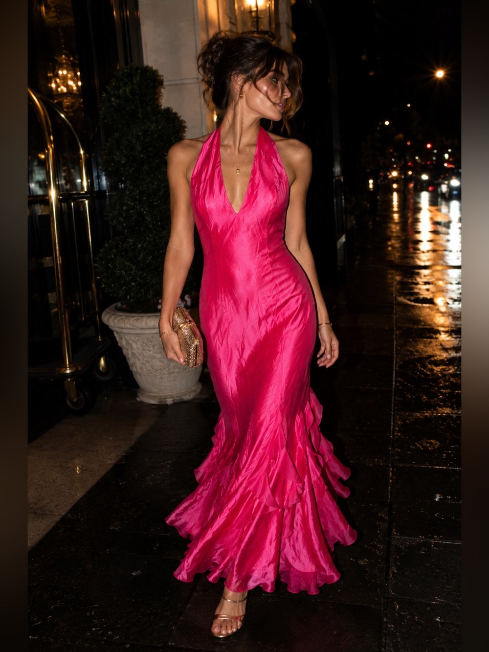 Vintage Jessica McClintock Hot Pink Halter Mermaid Gown Y2K Formal Prom Size 8